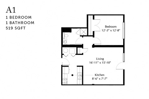 Floor plan for 1 bed, 1 bath, 685 sqft